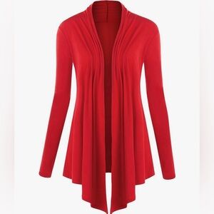 Draped Front Open Cardigan Casual Long Sleeve Lightweight Cardigan -red